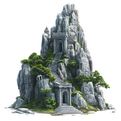 Ancient Temple on Rocky Mountain with Stone Stairs and Lush Greenery