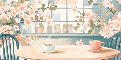 A floral cafe scene featuring coffee cups on a table
