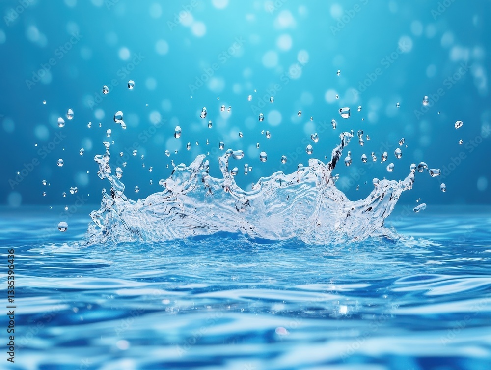 Poster splashing water creates dynamic patterns against a blue background with bokeh effects