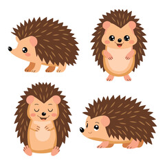 Cute Hedgehog Set in Various Poses Prickly Cartoon Character