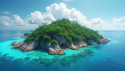 Fototapeta premium Serene tropical island surrounded by clear blue ocean water. Lush green vegetation covers island. Rocky coast, sunny sky and turquoise lagoon create paradise scenic view. Perfect holiday destination.