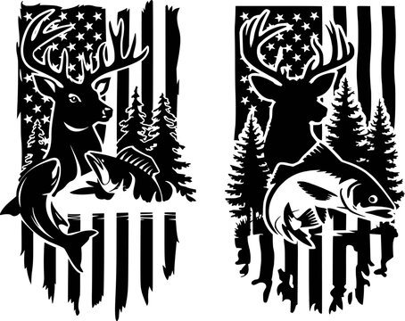 Deer fish tree scene on American flag