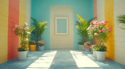 Fototapeta premium Colorful indoor garden room with plants and a picture frame