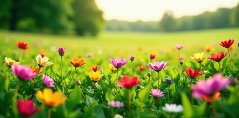 Obraz premium Vibrant wildflowers carpet a lush green field, ecology, texture