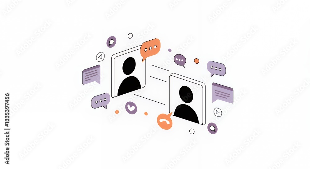Poster online video call between two people with message bubbles and icons