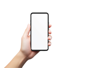 a hand holding a phone with a blank screen mockup on a white background