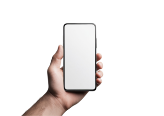 a hand holding a phone with a blank screen mockup on a white background