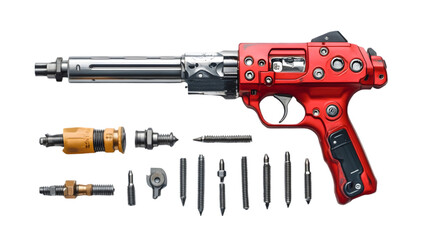 Red Industrial Gun with Interchangeable Drill Bits and Attachments