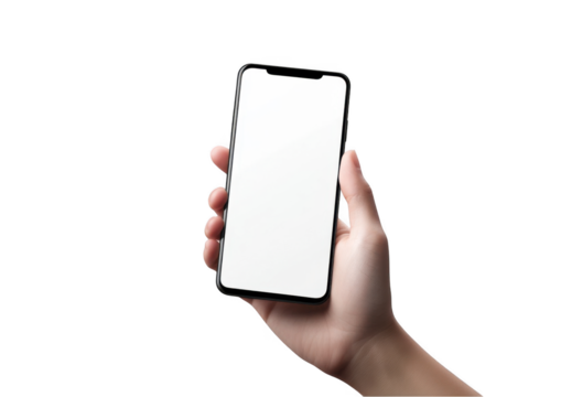 a hand holding a phone with a blank screen mockup on a white background