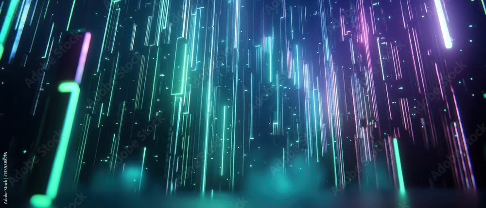 Poster abstract digital artwork featuring vibrant neon light trails cascading down in a futuristic setting 