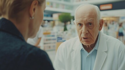 Obraz premium Senior pharmacist consulting a customer.