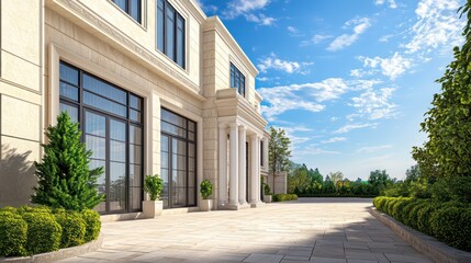 A modern luxury home featuring a beige stone facade, large windows, and a neo-classical design