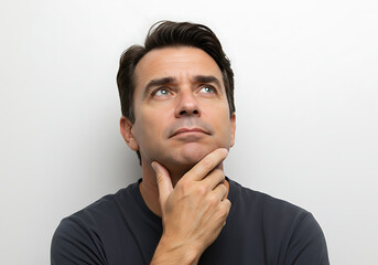 Obraz premium A man with his hand on his chin looks upward, deep in thought and consideration.