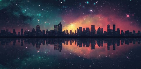A city skyline reflects on a mirrored and starry celestial water scene
