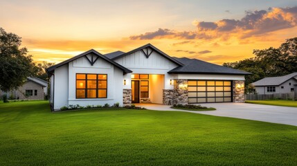 A modern ranch-style house with a white and light gray exterior, accented with stone, set amidst lush green grass