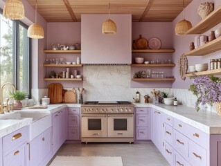 A modern kitchen featuring lavender cabinets and wooden shelving