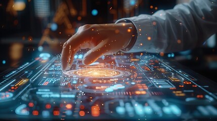 Businessman analyzes profitability of working companies with digital augmented reality graphics, positive indicators in 2025, businessman calculates financial data for long-term investments.