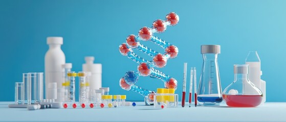 Naklejka premium A collection of laboratory equipment surrounding a 3D DNA model, suitable for illustrations on scientific topics and biology-related themes