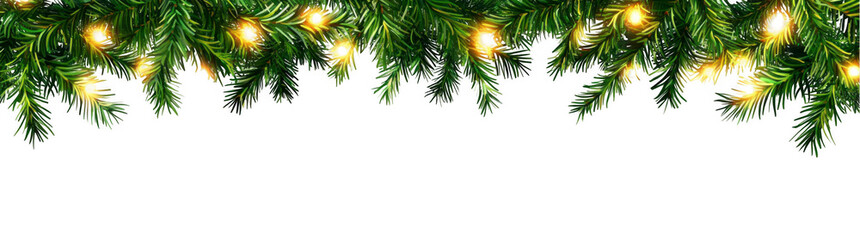Obraz premium Festive Christmas garland of green pine branches with lights on a white background