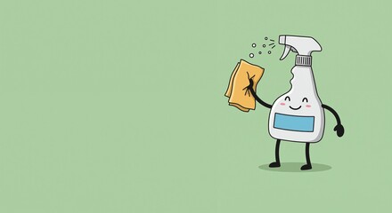 cartoon cleaning spray bottle happily holding a cleaning cloth on a fresh pastel green background representing cleanliness and tidiness