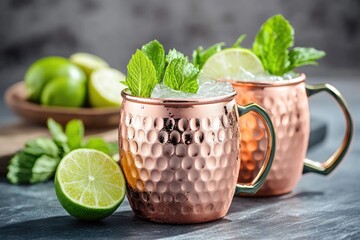 Two copper mugs filled with a refreshing mix of mint and lime, perfect for outdoor gatherings or garden parties