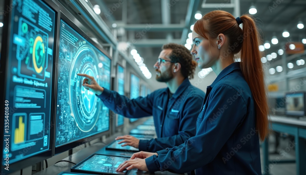 Poster project engineer, female operator work together on smart factory production line. ai, machine learni