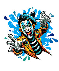 A dynamic and expressive illustration of a mischievous mime reaching out energetically. The mime is dressed in a classic striped outfit, yellow trench coat, and blue beret, with an exaggerated facial 