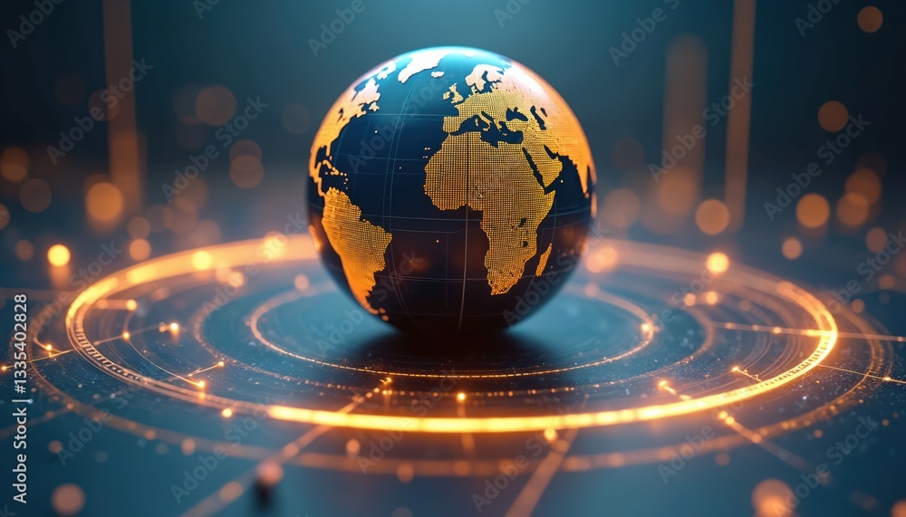 Aufkleber 3D globe with golden continents and tech orbits around it. Symbolizes global business, international expansion, communication tech. Large space for text in center. Background lights add glow to image.