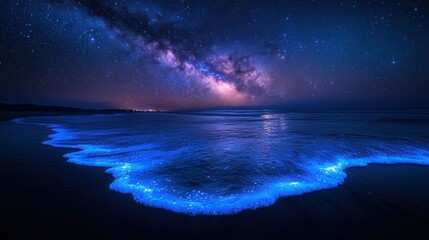 Bioluminescent waves illuminating the night sky ocean shore photograph cosmic environment serene viewpoint nature's wonders