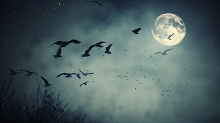 A flock of birds flying against a glowing full moon in a misty nighttime sky.