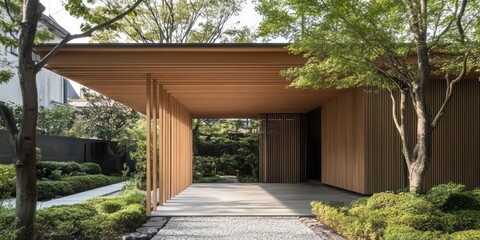 A modern entrance with wood detailing and lush natural landscaping