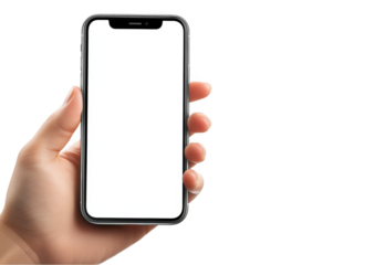a hand holding a phone with a blank screen mockup on a white background