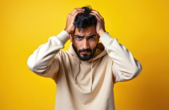 Sad Indian man feels hopelessness, nervous breakdown. Attractive Arabian guy loses lottery, suffers from bad fortune, unlucky news. He holds head, looks at camera isolated on yellow background.