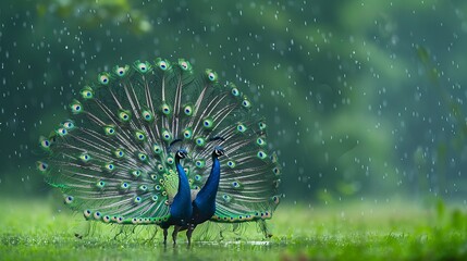 Obraz premium Two vibrant peacocks display their colorful feathers in a gentle rain, creating a stunning natural spectacle.
