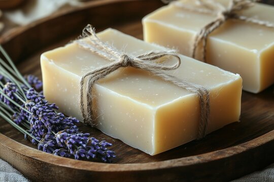A collection of artisanal tallow soap bars, elegantly wrapped with rustic twine, sits in a wooden tray alongside fresh lavender sprigs.
