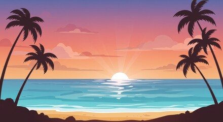 Sunset Seascape with Palm Trees