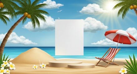 Tropical Beach Podium Setup with Sand, Flowers, and Coconut Tree