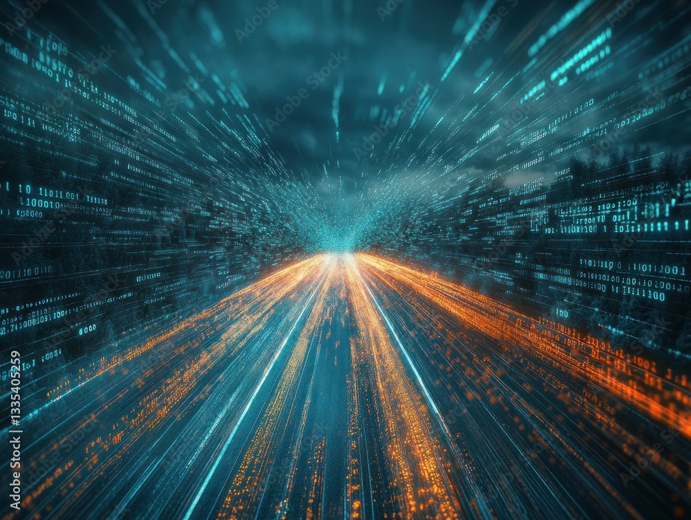 Poster dynamic digital data flow with vibrant light trails