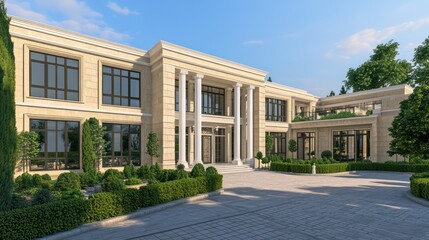 Fototapeta premium A neo-classical luxury villa with beige stone walls and expansive windows