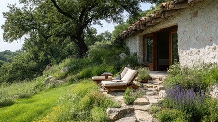 Stone House Patio Overlooking Wildflower Hillside