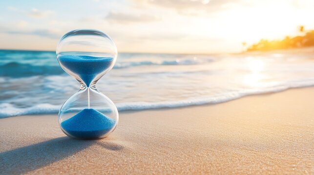 Hourglass on Beach. Time ticking away in sunset