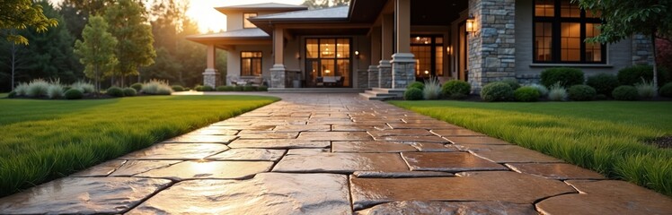 Stamped concrete flagstone walkway leads to house. Residential building with landscaped lawn. Home entrance through patio. Flagged stone path towards porch. Driveway design exterior architecture,