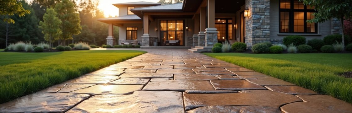 Stamped concrete flagstone walkway leads to house. Residential building with landscaped lawn. Home entrance through patio. Flagged stone path towards porch. Driveway design exterior architecture,