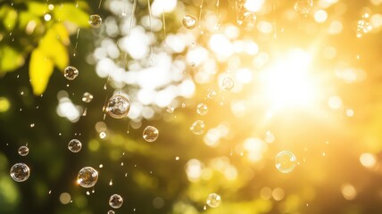 Obraz premium Sunlit Raindrops Falling Through Lush Green Foliage