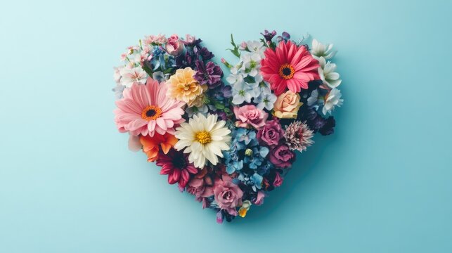 A heart-shaped flower arrangement on a calm blue background, ideal for romantic and celebratory occasions