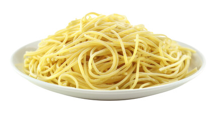 Delicious italian spaghetti lying on white plate with transparent background