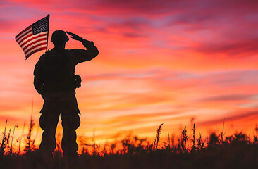 A silhouette of an American soldier saluting while holding the flag at sunrise, symbolizing a peaceful and healthy state for U.S. military service members