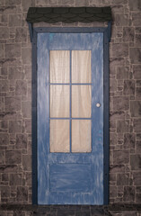 A vintage blue wooden door with a glass panel, set in a rustic brick wall, evoking mystery and nostalgia.