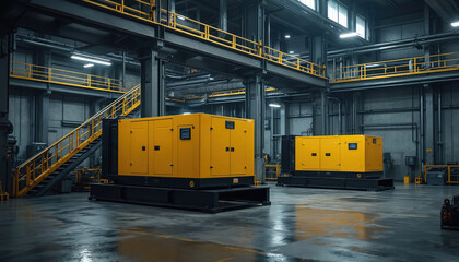 Two yellow diesel generators stand in factory room ready for emergency use. Powerful electricity generators on standby ensure reliable power supply. Industrial machinery equipment in plant guarantee