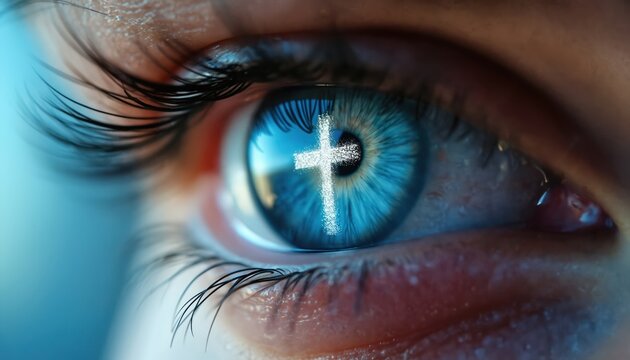 Closeup man eye reflects Christian cross. Male person thinks about belief in Jesus Christ sacrifice, holy Bible. Believer blessed with grace, forgiveness, divine love. Religious conceptual idea.
